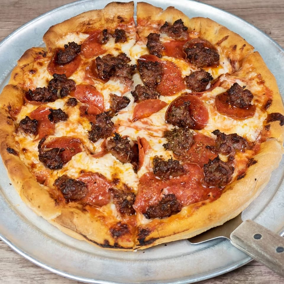 A pepperoni and sausage pizza on a metal pan with a pizza server underneath.